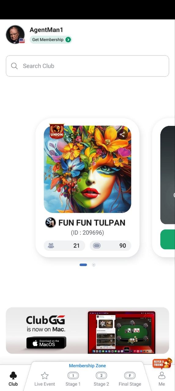 ClubGG rakeback deals — FUN FUN TULPAN club card with ALL IN ZONE union badge and ID 209696
