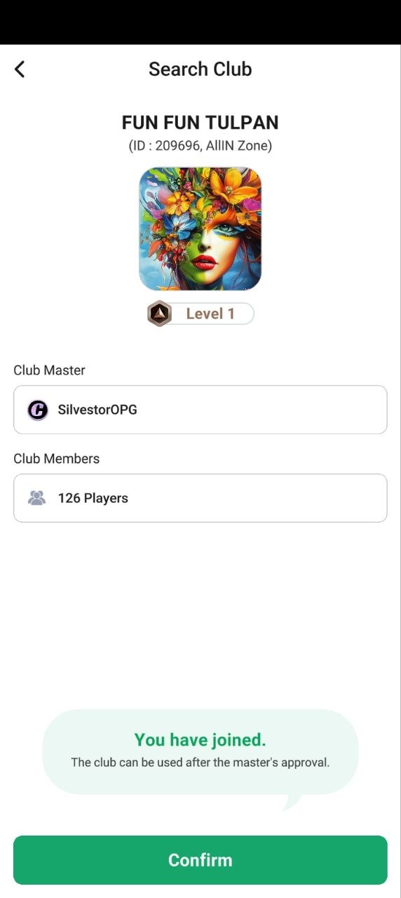 ClubGG rakeback club — joining FUN FUN TULPAN (ID 209696, ALL IN ZONE) with 126 players and Club Master approval