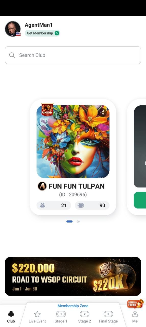 ClubGG rakeback deals — sub-agent view of FUN FUN TULPAN club with agent (A) badge and WSOP Circuit promotion